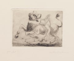 Nude and Bull  - Original Etching on Paper by Bertha Martini - 1980s