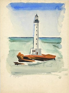 The Lighthouse - Original Watercolor by Pierre Segogne - Early 20th Century