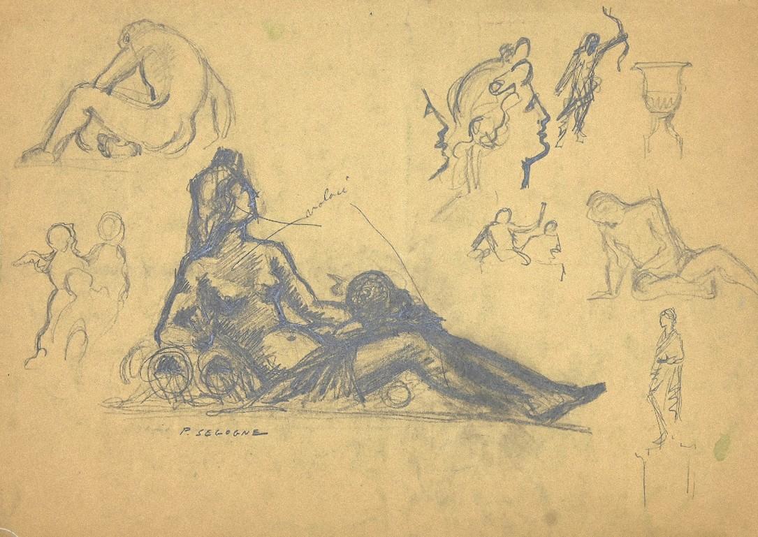 Studies of Figures  is a pencil drawing on cream-colored paper, realized by the artist Pierre Segogne.

Hand-signed on the lower left.

The state of preservation is good.