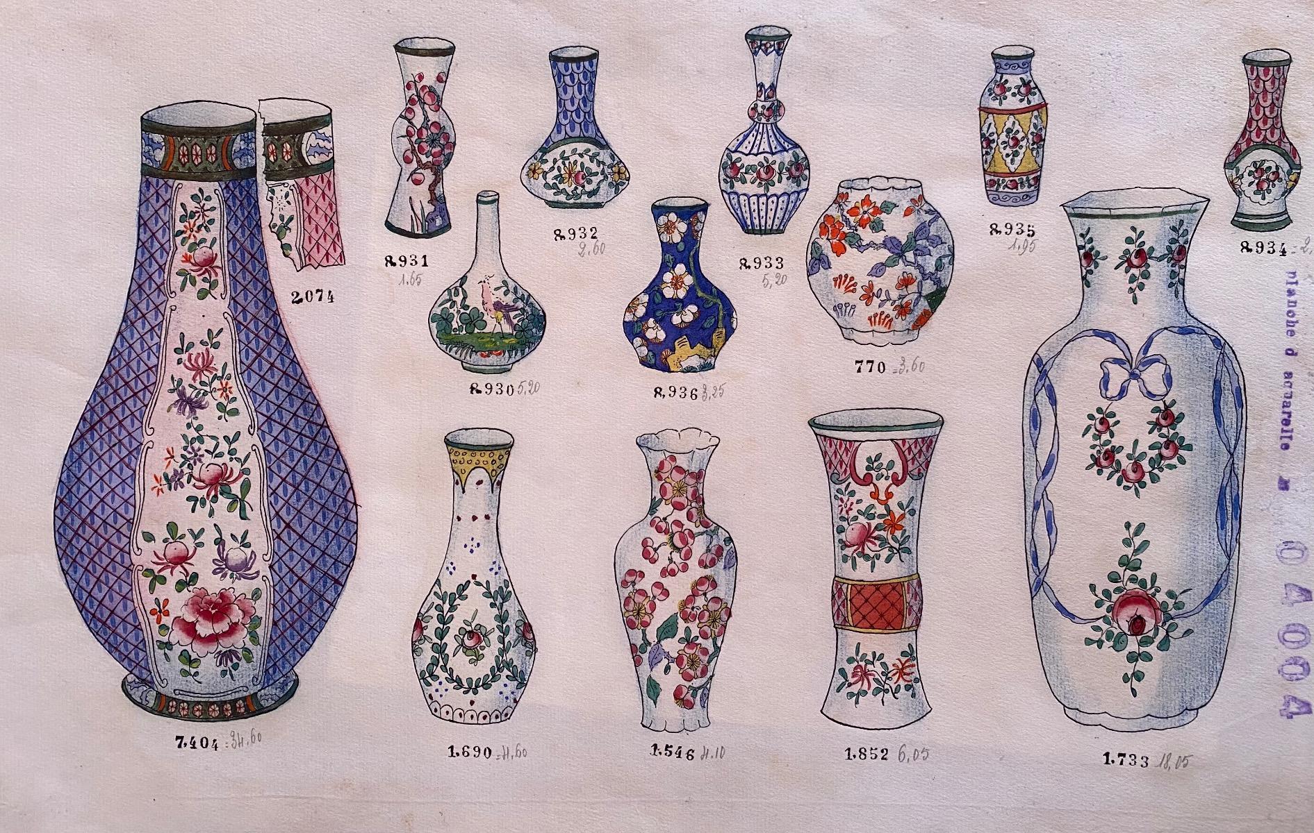 Unknown Figurative Art - Porcelain Vases - Original China Ink and Watercolor - 1890 ca.
