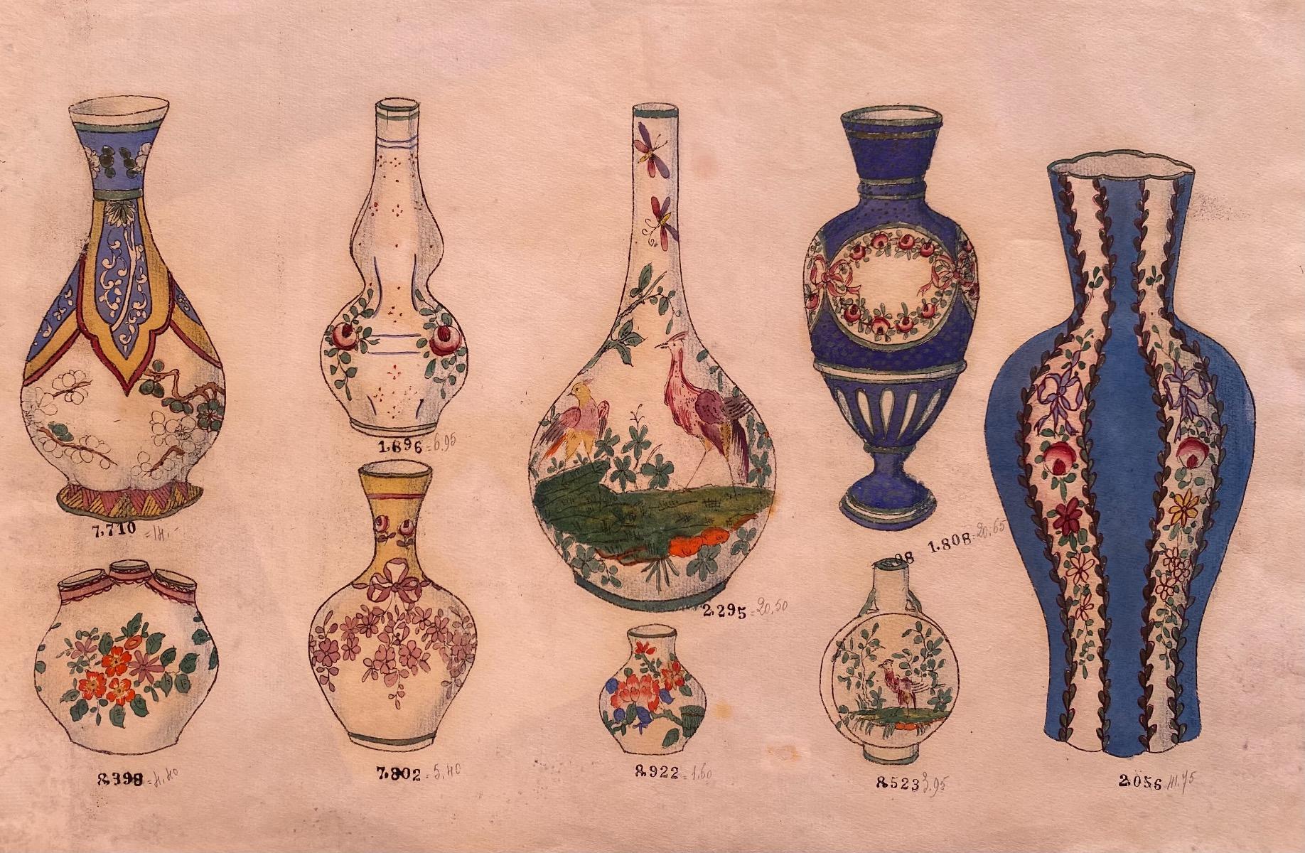 Unknown Figurative Art - Porcelain Vases - Original China Ink and Watercolor - 1890 ca.