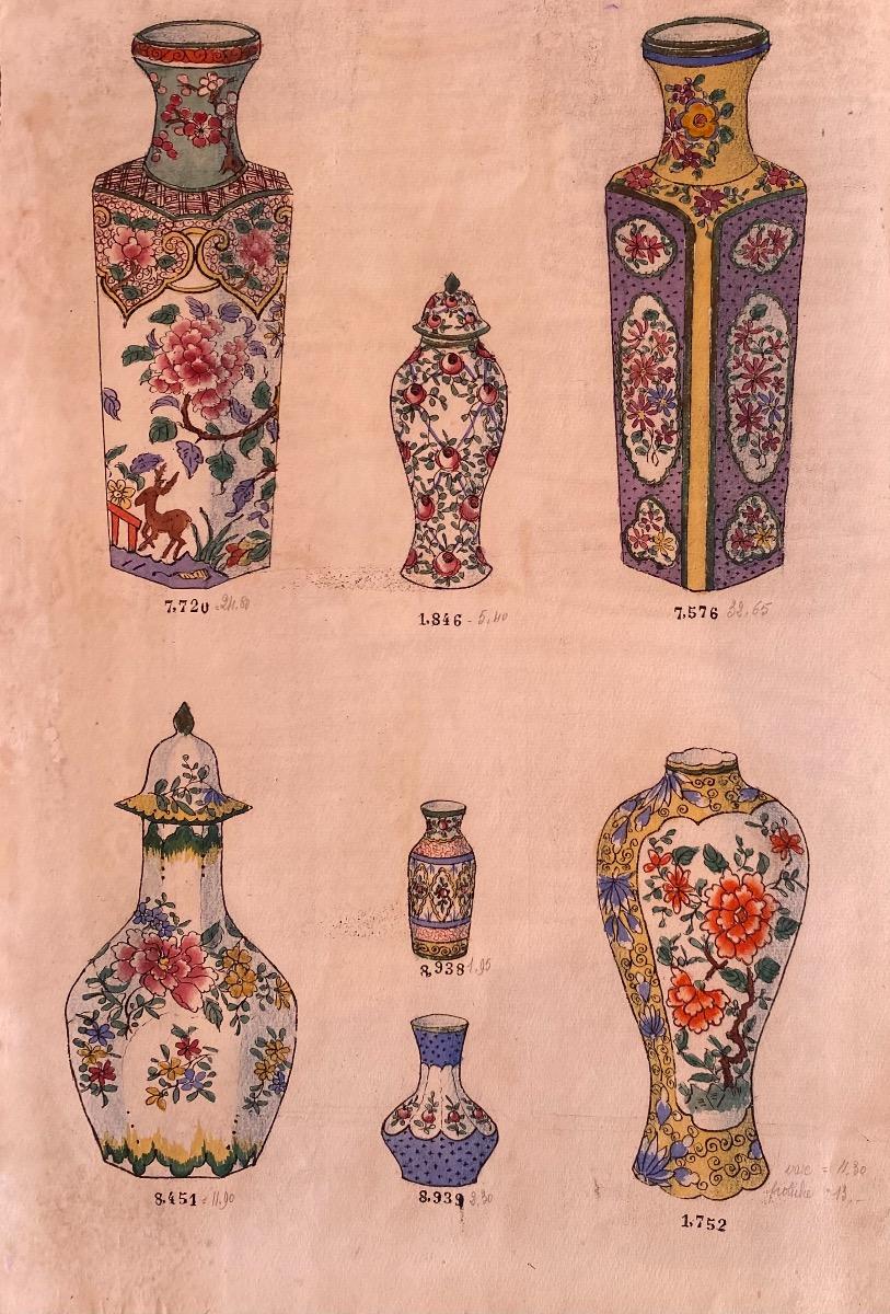 Figurative Art Unknown - Vases en porcelaine - Encre et aquarelle originales de Chine - 1890 environ