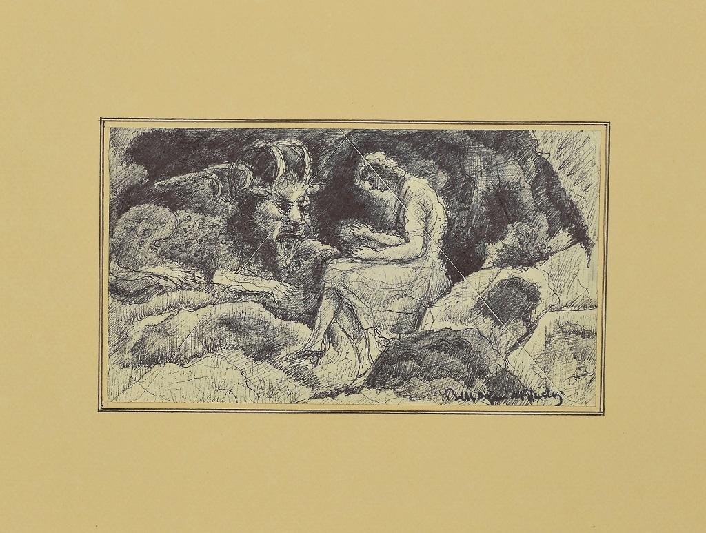 Figures with Dragon - Original Pen on Paper by  Bertrand Mogniat-Duclos - 1950s