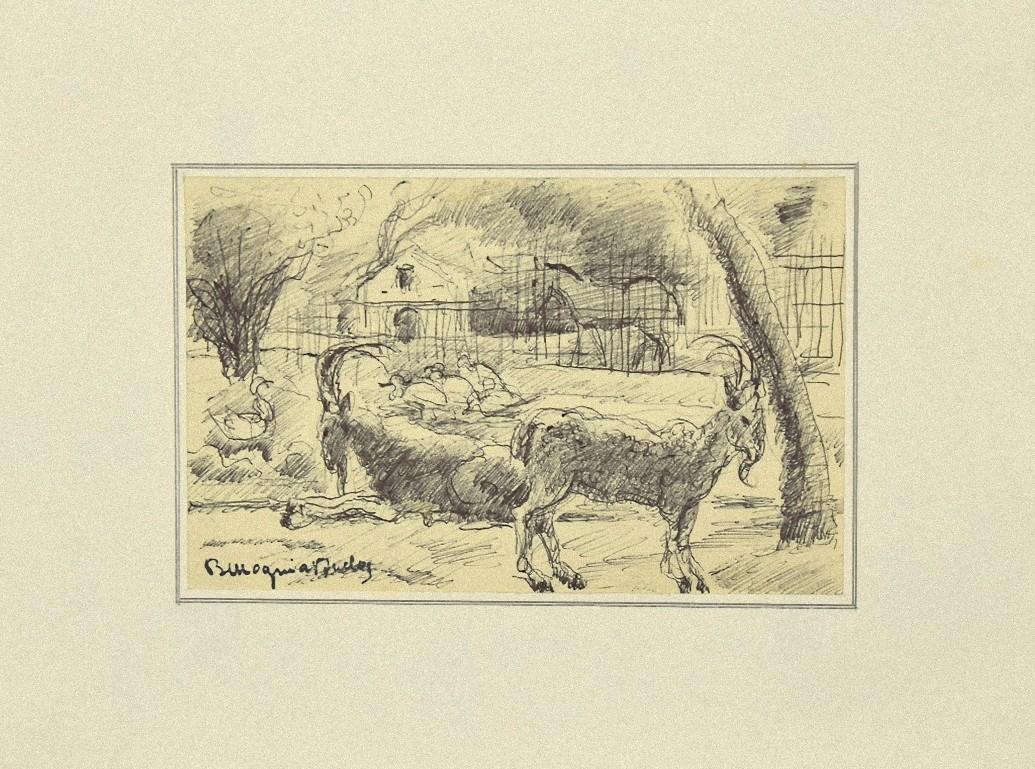 Mogniat-Duclos Bertrand Figurative Art – Animals in the Enclosure – Original-Kunstwerk von Bertrand Mogniat-Duclos – 1950er Jahre