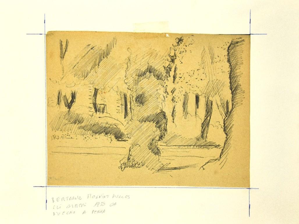 Dans le jardin - dessin original de Bertrand Mogniat-Duclos - années 1950