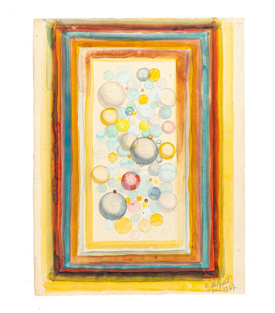 Abstract Spheres is an original drawing in watercolor on cardboard, realized in 1939 by Jean Delpech (1916-1988). 

The state of preservation of the artwork is good.

Hand-signed and dated on the lower right.

Includes frame:: 62 x 2 x 48