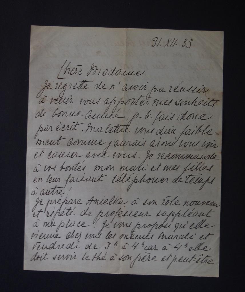 This is a Autograph Letter Signed by Marie Grosnowska to the Countess A. L. Pecci Blunt.

Paris, December 31st 1933. In French. One page, double-sided. Excellent condition.

Very confidential letter of greeting and wishing happy new year
