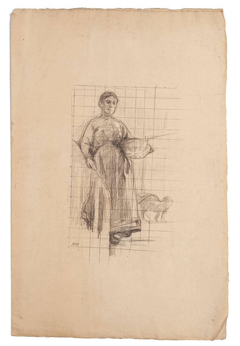 René Francois Xavier Prinet Figurative Art - Paesant Woman - Original Pencil Drawing - Late 19th Century