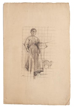 Femme en fleurs - dessin original au crayon - fin du 19ème siècle