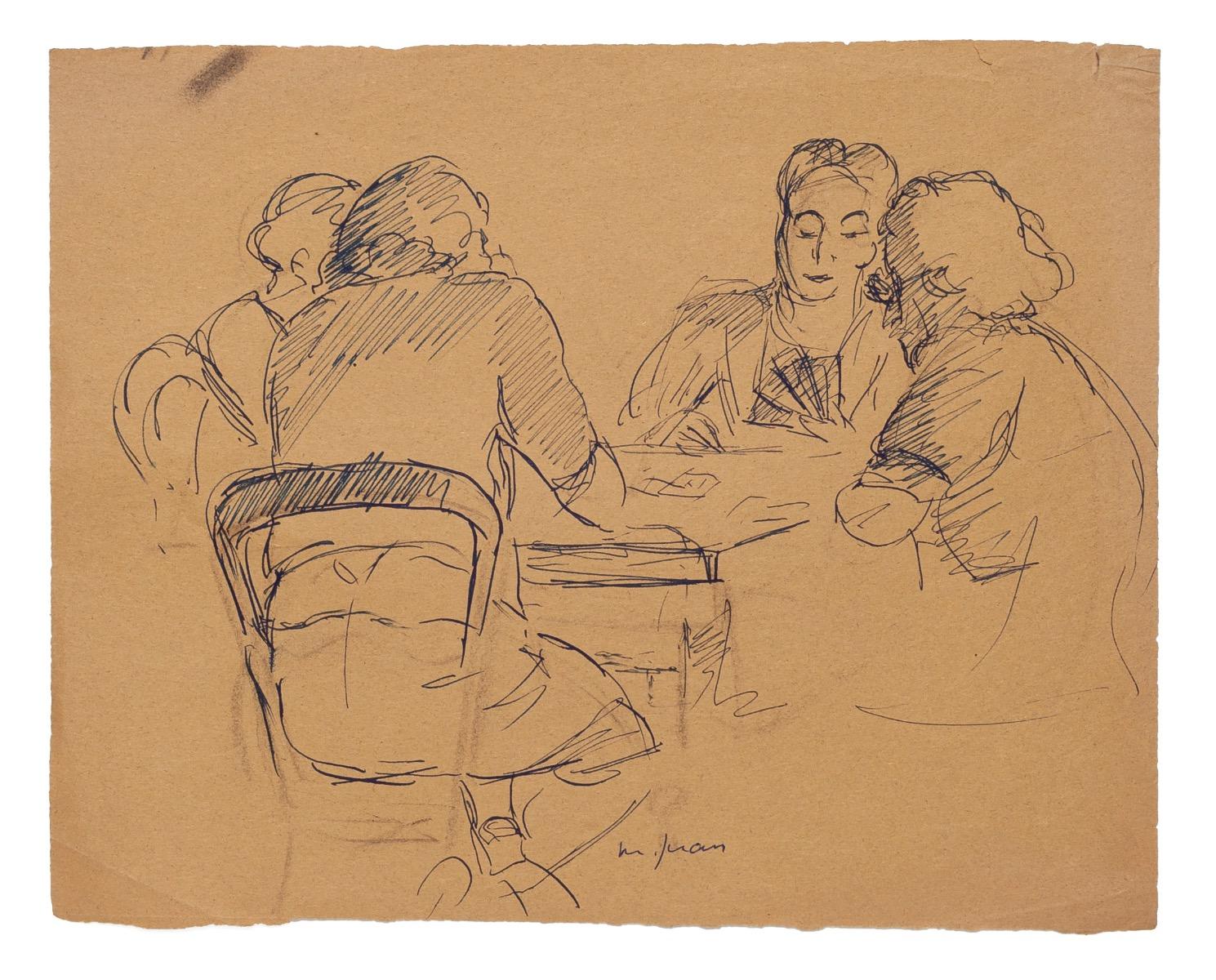 Card Players - Original Pen on Paper - Mid-20th Century