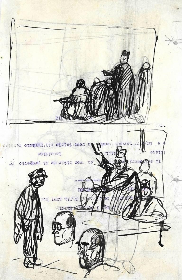 In the Court is a little black pen drawing realized by Gabriele Galantara on 1910 ca. 

The drawing is on a paper used, and there is another pencil drawing on the back titled "the crushing".

Gabriele Galantara (1865-1937) was a journalist and one