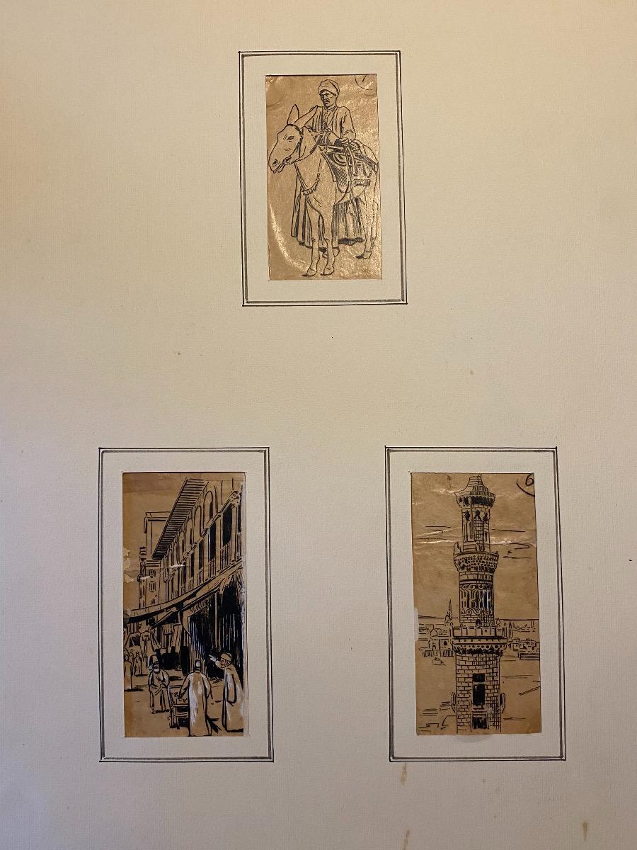 Travel to the East is an original drawing in china ink and white lead on brown paper realized  by Gabriele Galantara (1865-1937) in 1920s.

In good conditions. Not signed.

This artwork represents three different drawings on travel to the
