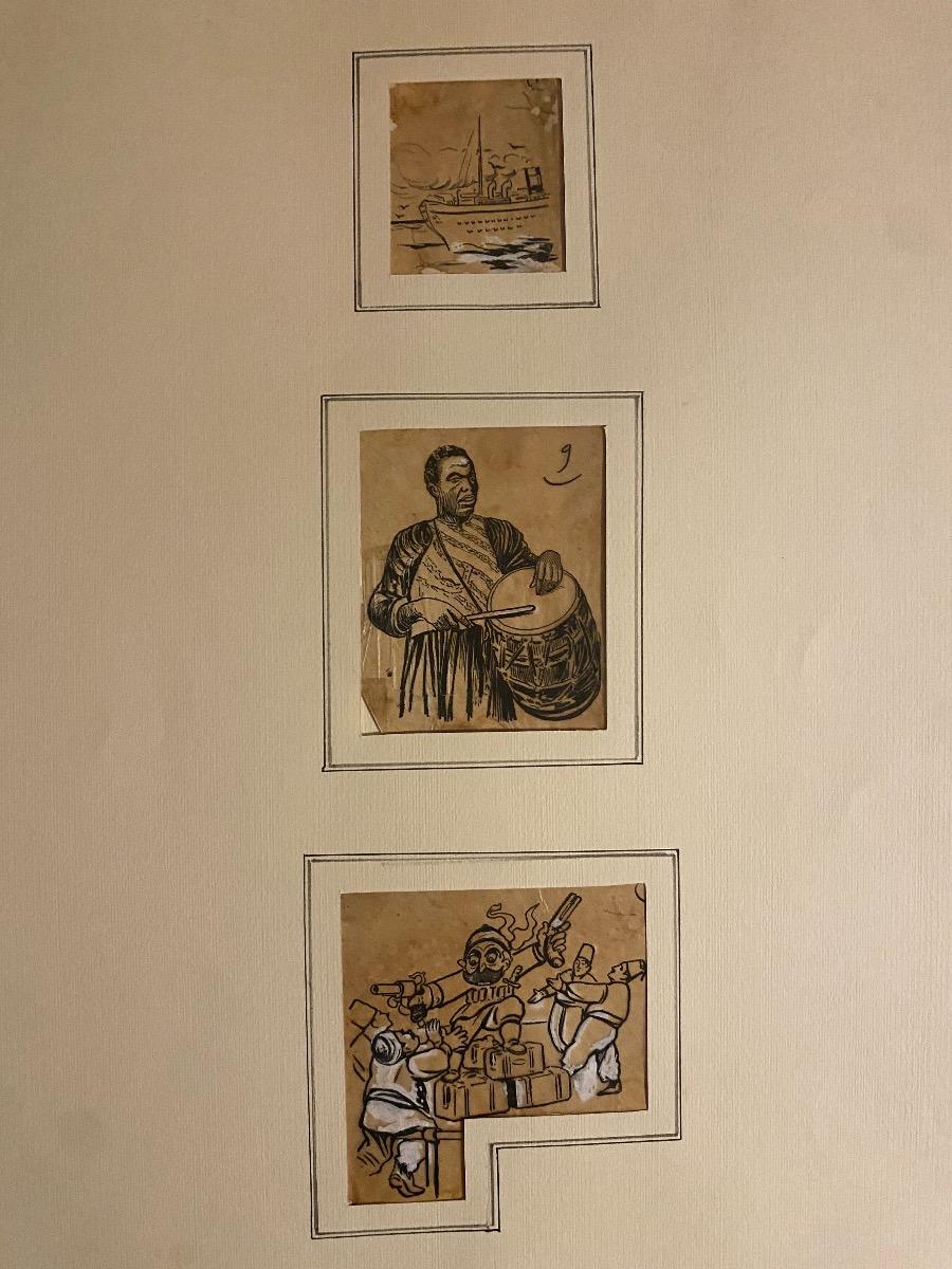 Travel on the East, in 1920s, is an original drawing in china ink and white lead on brown paper realized  by Gabriele Galantara (1865-1937).

In good conditions. Not signed.

This artwork represents three different drawings on travel to the