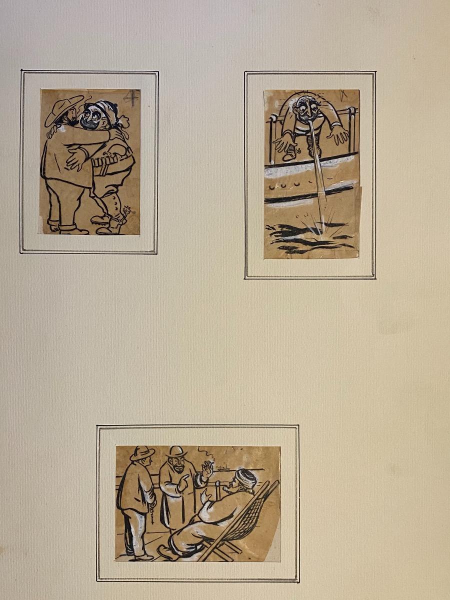 Travel, in 1915, is an original drawing in china ink and white lead on brown paper realized  by Gabriele Galantara (1865-1937).

In good conditions. Not signed.

This artwork represents three different drawings on travel.

Gabriele Galantara