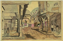 Österreichisches Dorf – Original Tinte und Aquarell auf Papier – Mitte des 20. Jahrhunderts