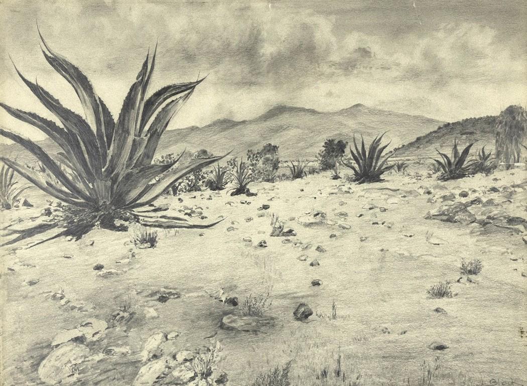 Unknown Figurative Art - Landscape with Agave - Original Drawing by Robert Block - 1970s