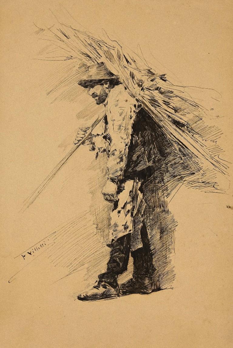Unknown Figurative Art - Farmer -  Ink Drawing signed "Villetti" - 1880