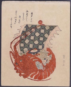 Lobster Treasure Boat - Original Woodcut After U. Toyohiro - Early 20th Century