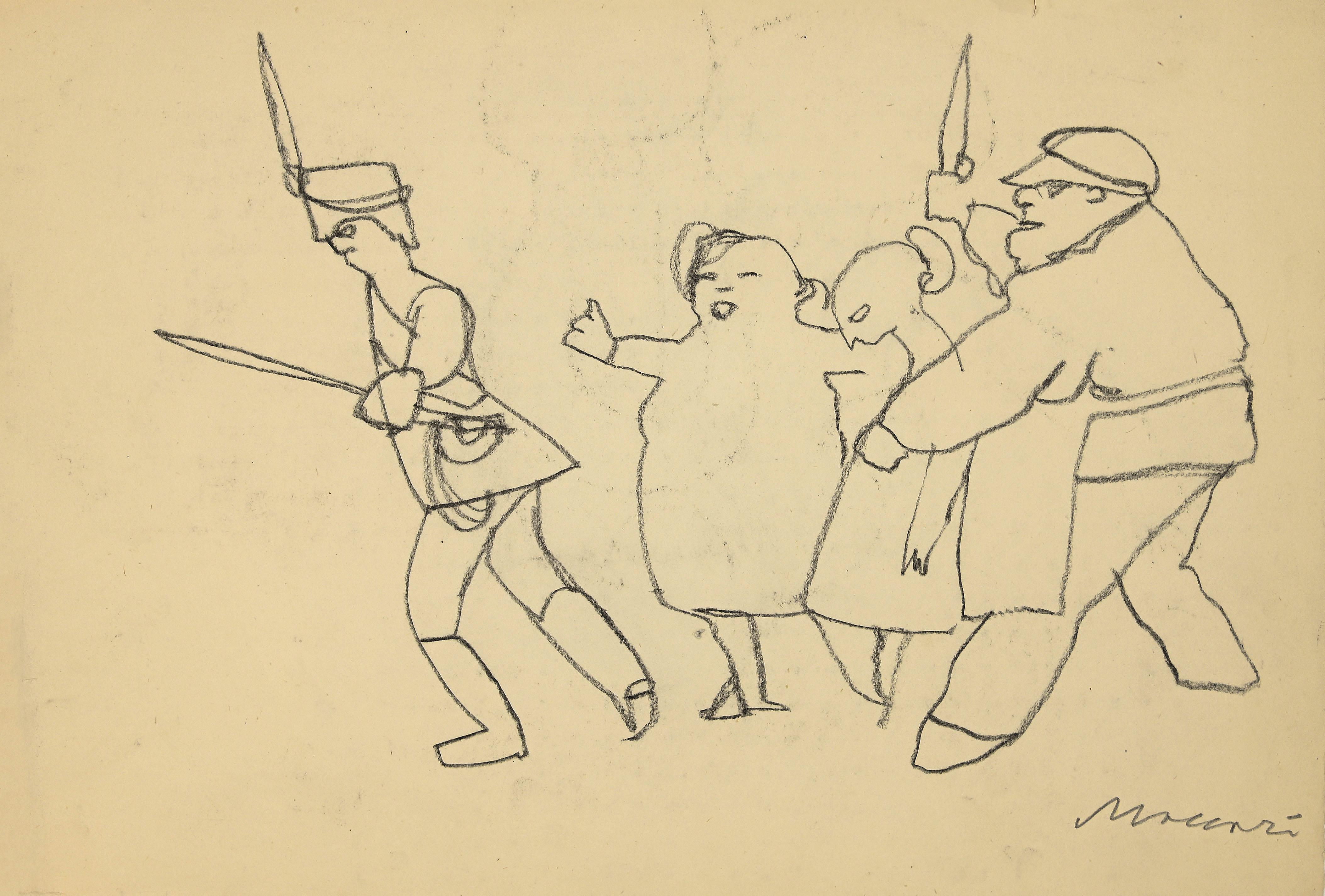 The Kidnapping - Charcoal Drawing by Mino Maccari - 1950s