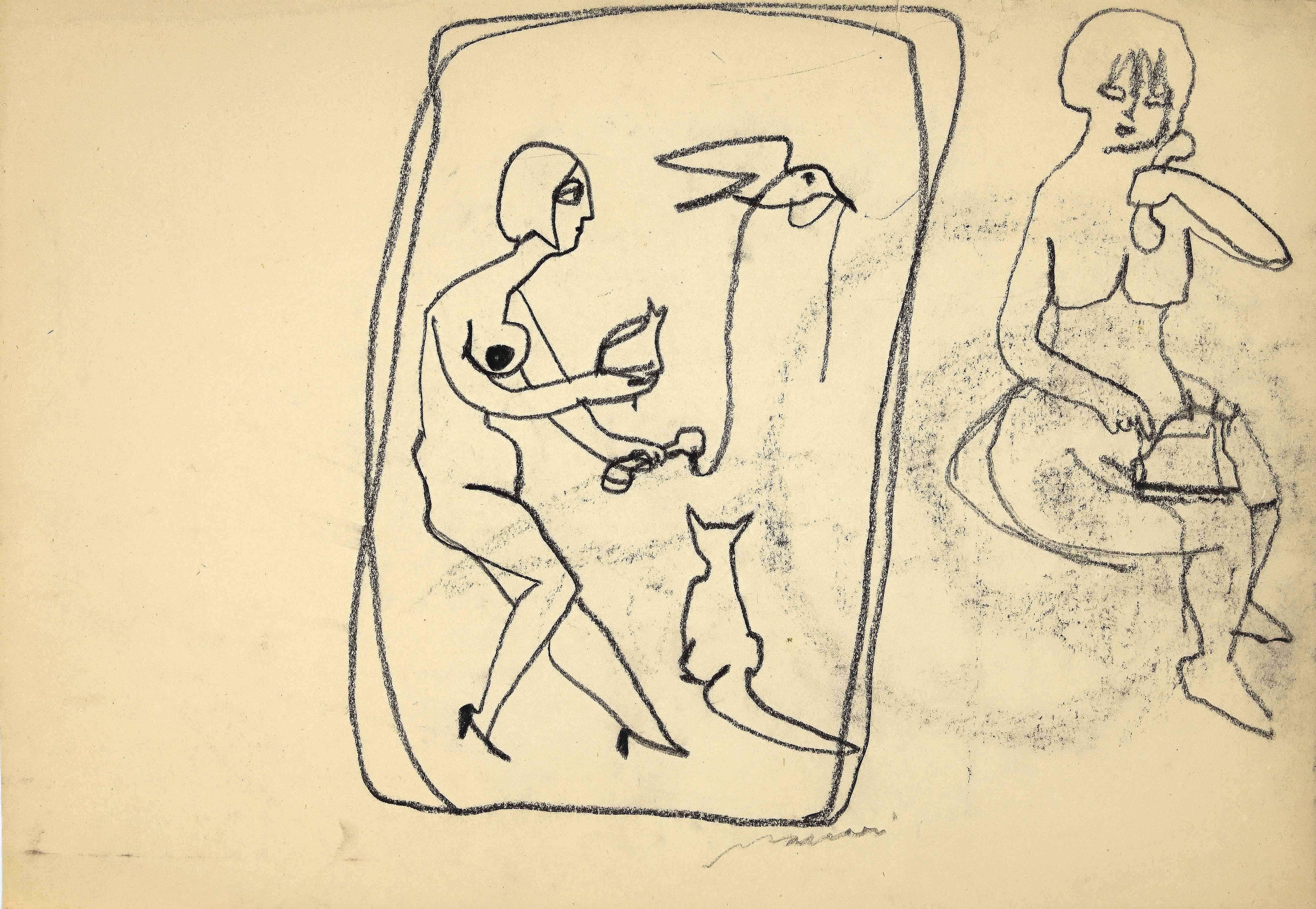 Comunicazione cablata - Disegno originale a carboncino di Mino Maccari - Anni '50