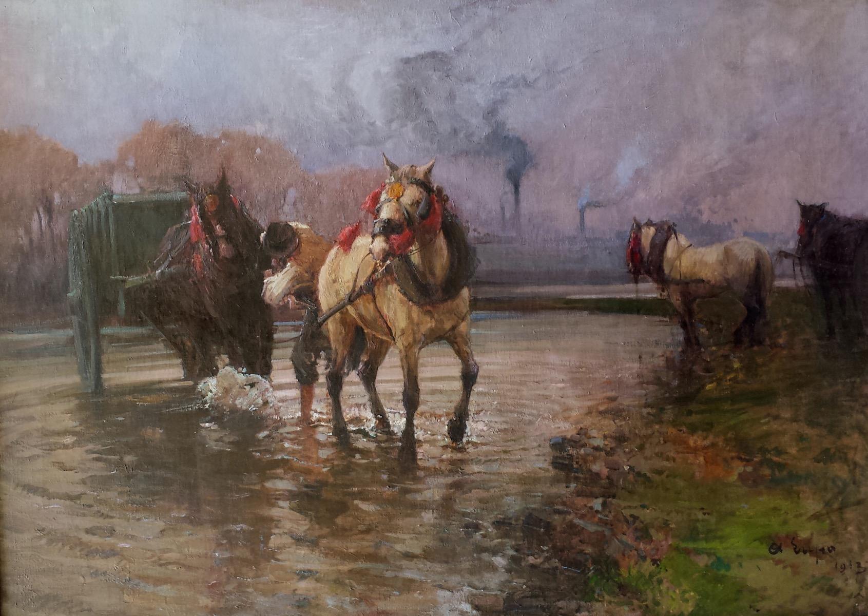Working Horses - Oil on Canvas by Alessandro Lupo - 1913