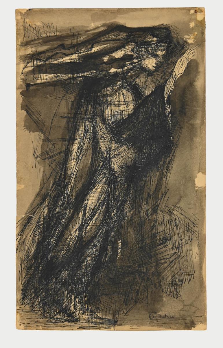 Unknown Abstract Drawing - Figure of Woman - Original Pen and Watercolor Drawing - Late 20th Century