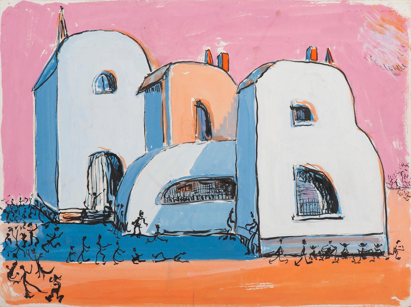 Unknown Figurative Art - Invented Houses - Original Tempera on Paper - 1960s