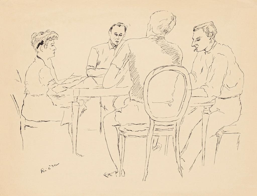 Unknown Figurative Art - Card Players  - Original Pen Drawing by Diamantino Riera - 1950s