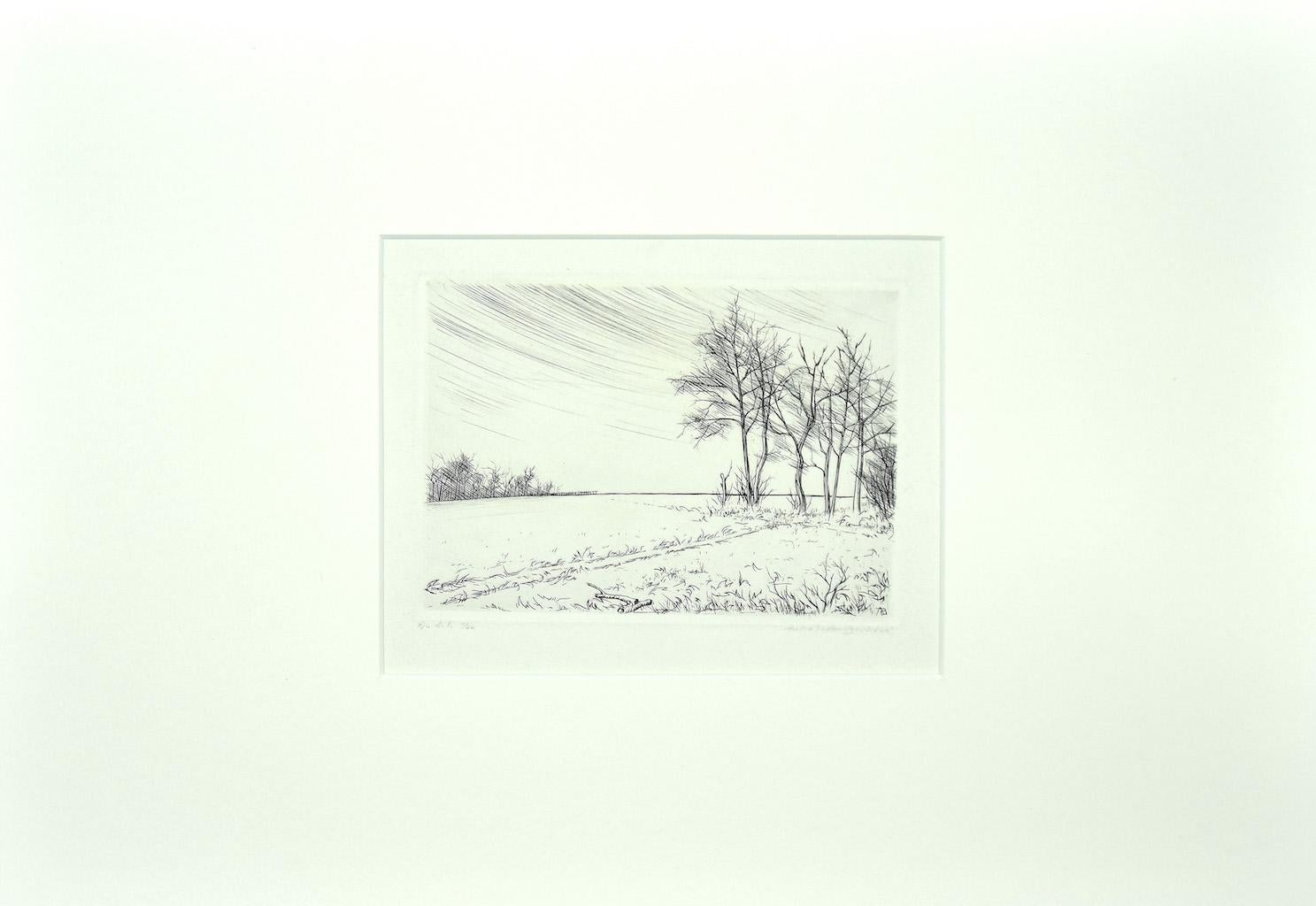 Landscape - Original Etching on Paper by Andre Roland Brudieux - 1970s - Print by André Roland Brudieux