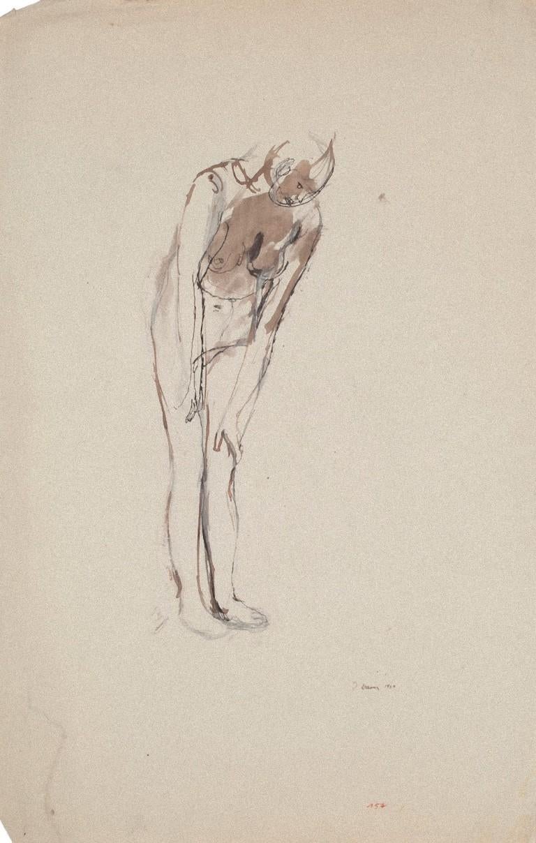 Jeanne Daour Figurative Art - Nude - Original Mixed Media Paper by Jeanne Dour - 1939