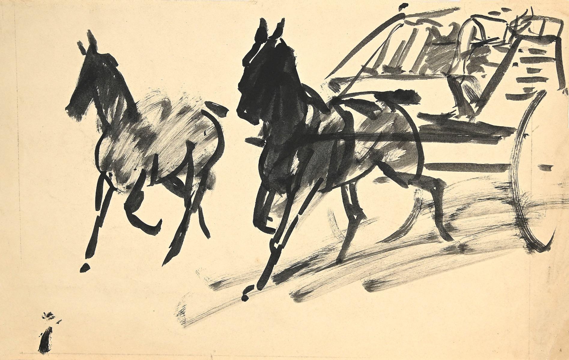 Unknown Animal Art - Horses and Carriage - China Ink and Watercolor - 1940s