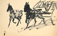Horses and Carriage - Original China Ink and Watercolor - 1940s