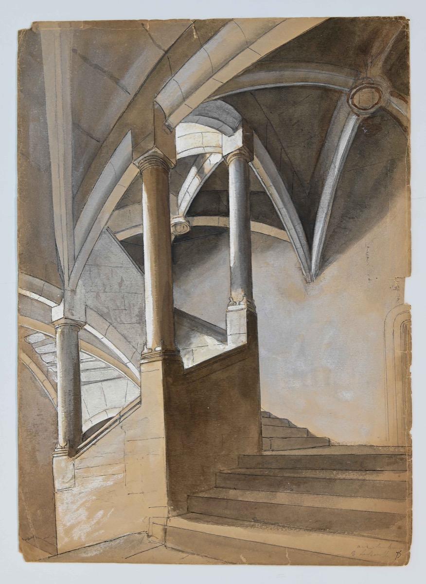 Unknown Interior Art - Perspective of a Staircase - Original Pencil and Watercolor - Mid-20th Century