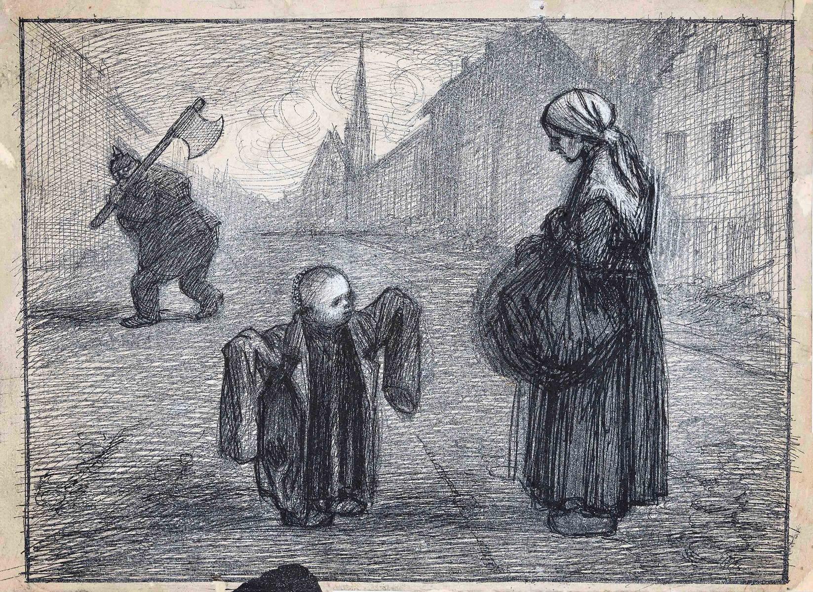 The Beggar and the Child is an original drawing in China ink, watercolor and white lead on creamy cardboard realized  by Gabriele Galantara (1865-1937).

In good conditions.

This is an original drawing representing a beggar and a child in a square,