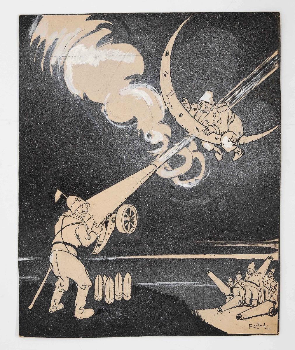 Gabriele Galantara Figurative Art - Shoot Missiles - Original Ink/ Watercolor by G. Galantara - 1910s