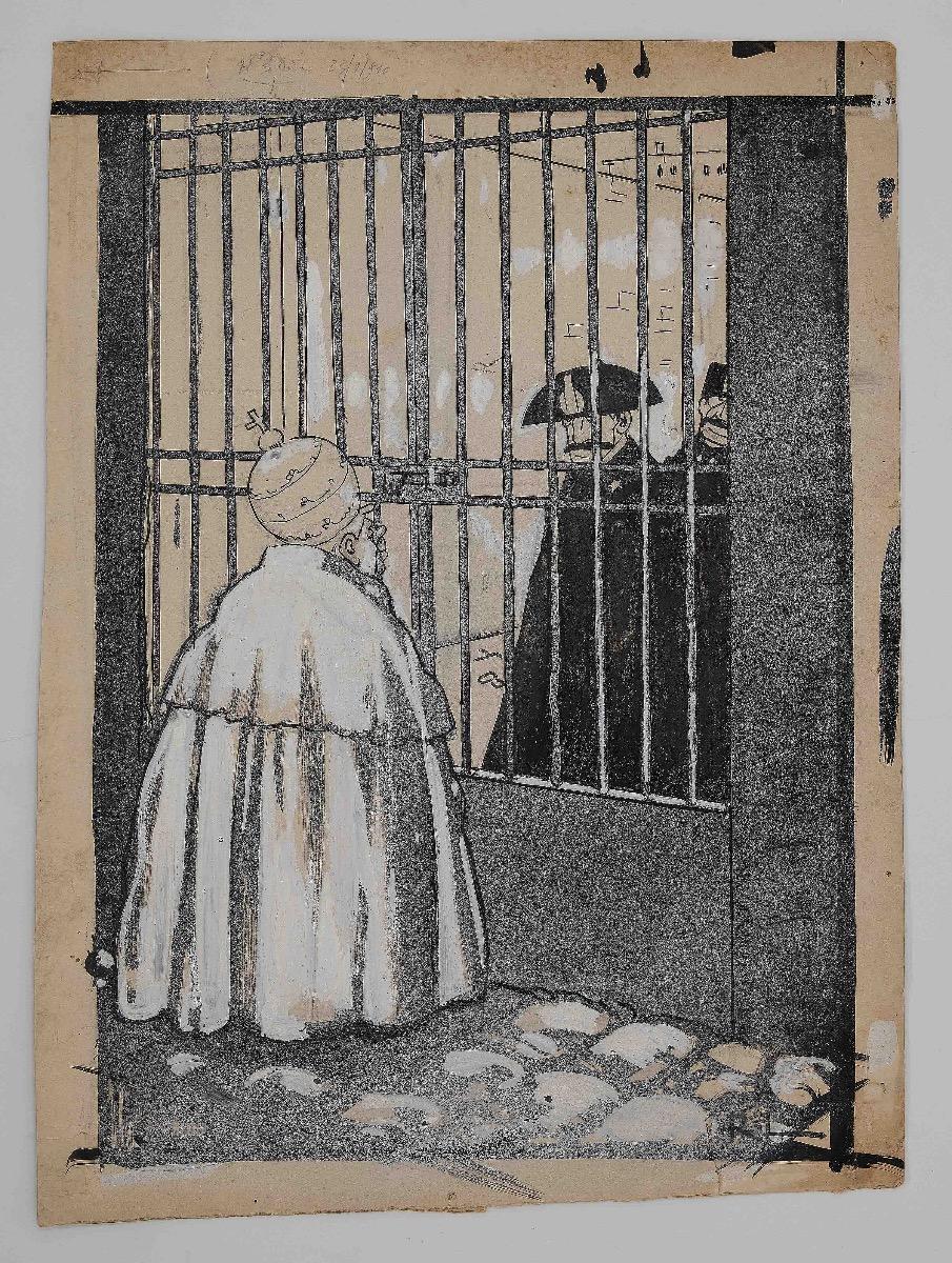 The prison is an original drawing in China ink and white lead on creamy cardboard realized  by Gabriele Galantara (1865-1937).

In good conditions.

This artwotk presents on the back some notes in pencil.

"L'asino" magazine, cover edition