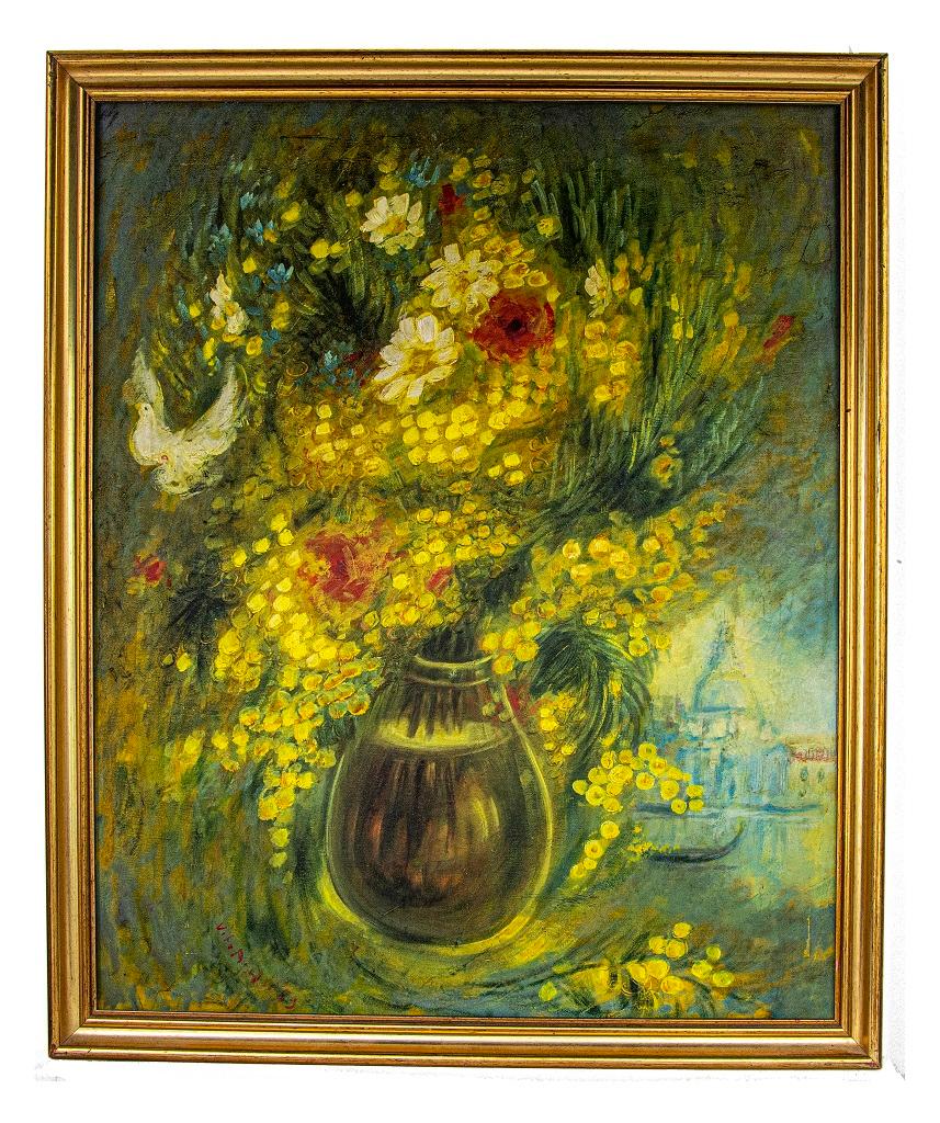 Mimosa and field flowers - Oil Painting by Vito Alghisi -  1989