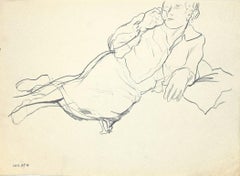 Figure en train de coucher - Fusain sur papier d'origine - années 1940