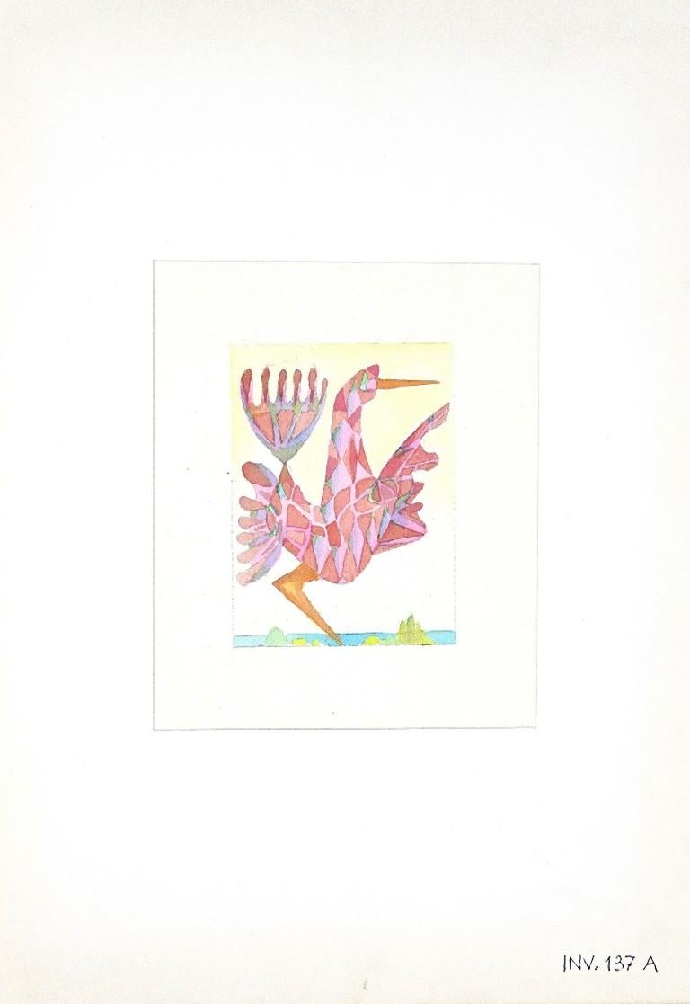 Oiseau géométrique - Aquarelle originale et crayon sur papier - années 1950