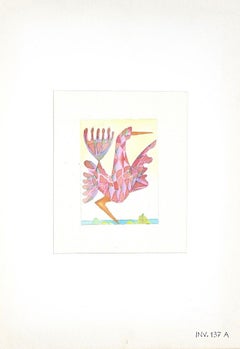 Vintage Geometrical Bird - Original Watercolor and Pencil on Paper - 1950s