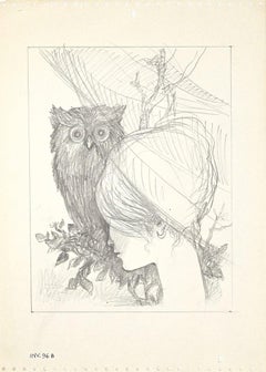 Vintage The Owl and the Girl - Original Original Drawing on Paper - 1950s