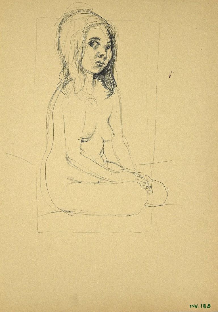 Nude Girl - Original Original Drawing on Paper - 1970s