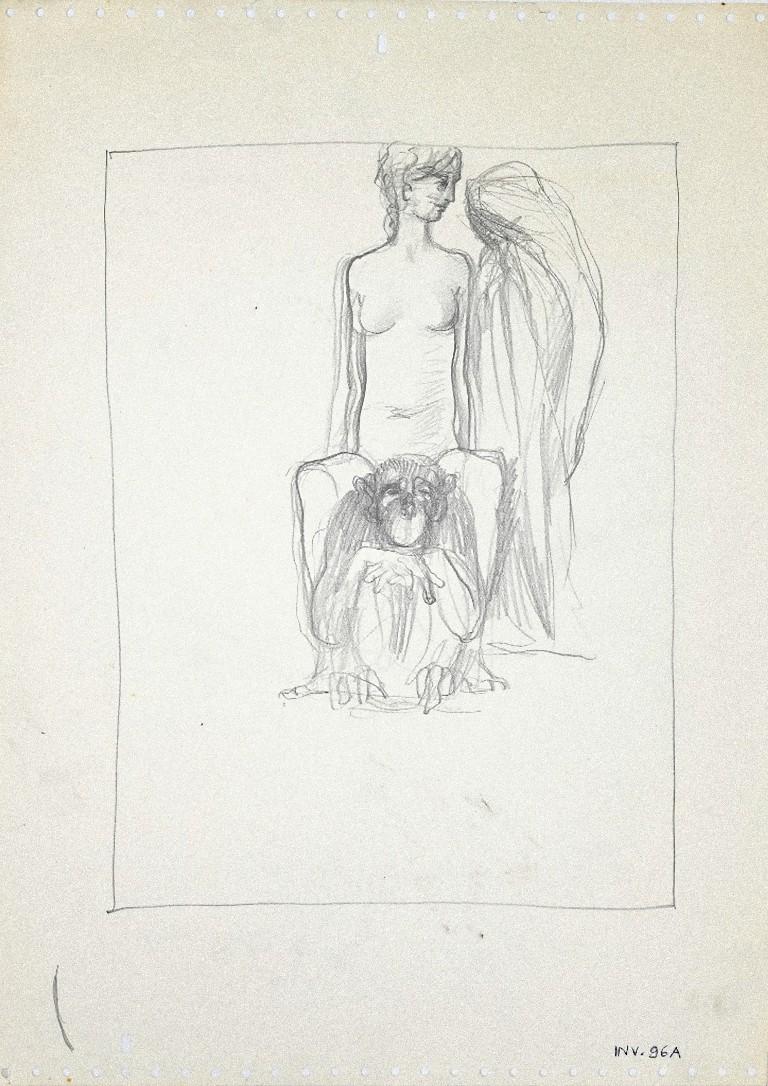 Leo Guida Figurative Art – The Girl and the Gorilla - Original Originalzeichnung auf Papier - 1950er Jahre