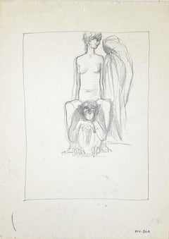 La niña y el gorila - Dibujo original sobre papel - Años 50