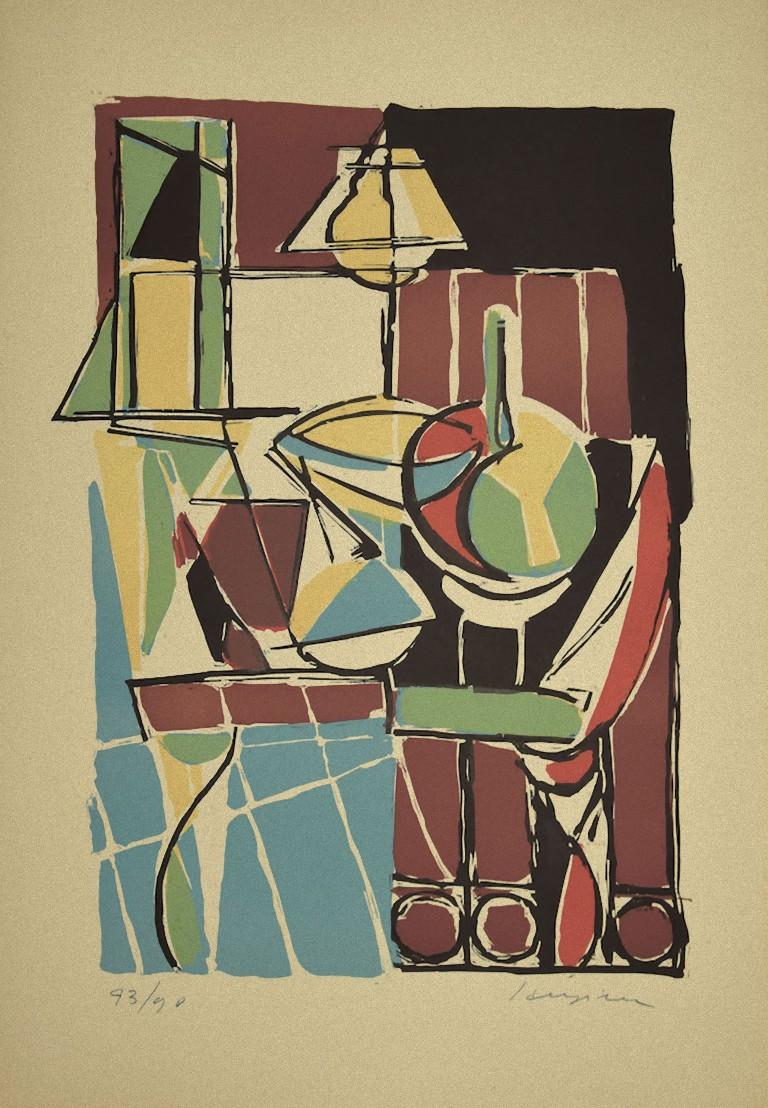 Composition colorée...  Linoleum de Guido La Regina - Fin du XXe siècle