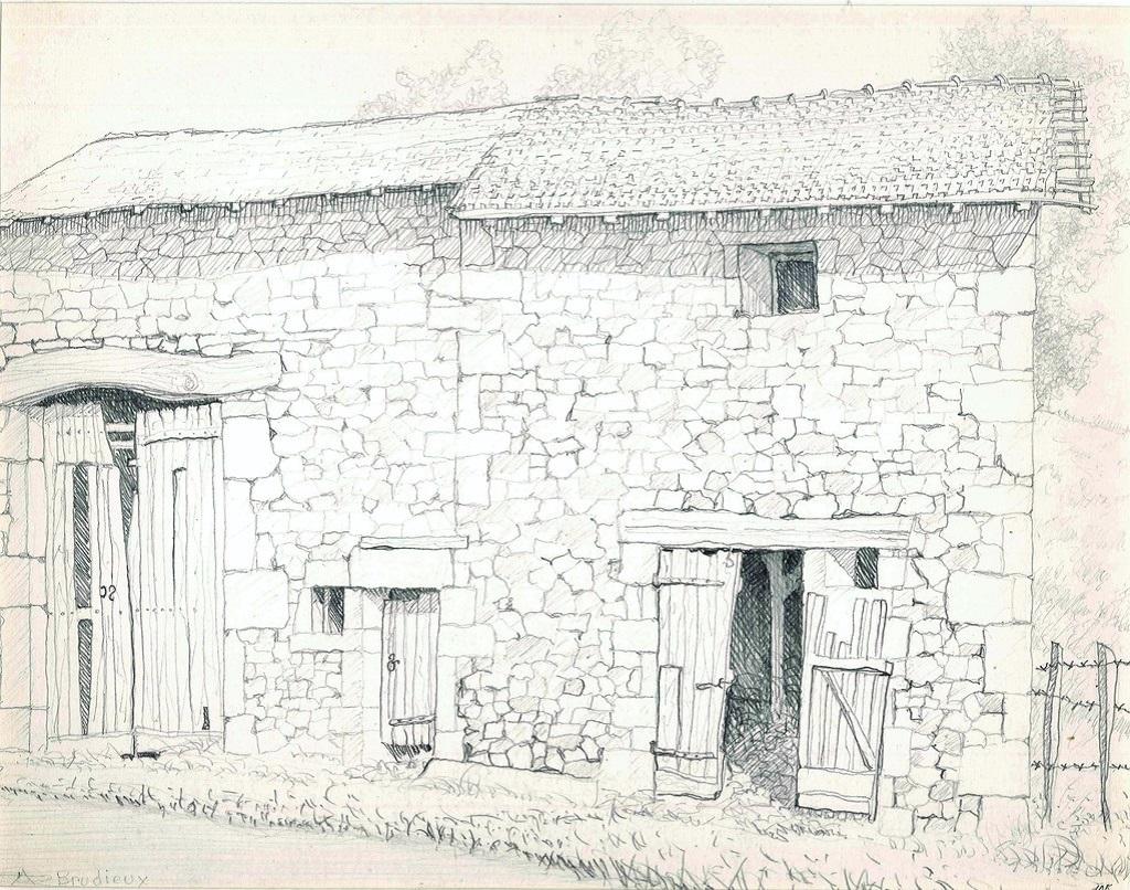 Figurative Art di André Roland Brudieux - Stalle sul monte Larron - Disegno originale a matita di A. R. Brudieux - Anni '60