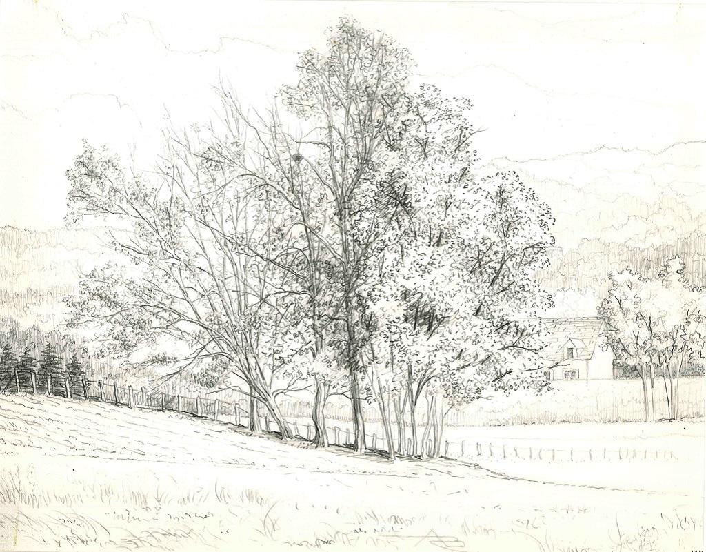 André Roland Brudieux Figurative Art - French Countryside -  Pencil Drawing by A. R. Brudieux - 1960s