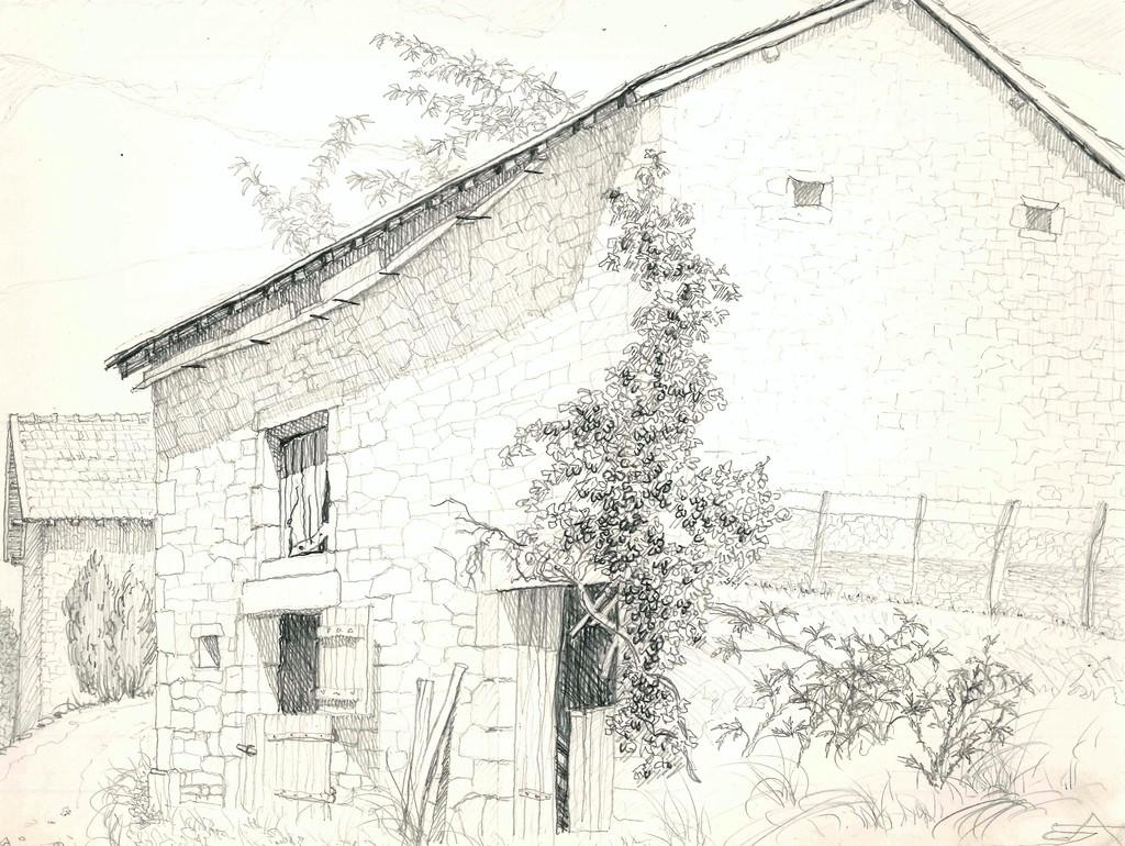 André Roland Brudieux Landscape Art - Countryside House in Ladrat -  Pencil Drawing by A. R. Brudieux - 1960s