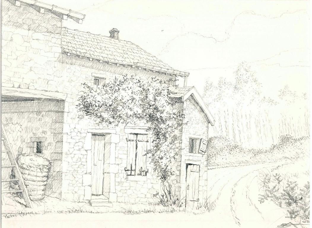 André Roland Brudieux Figurative Art - French Rural House -  Pencil Drawing by A. R. Brudieux - 1960s