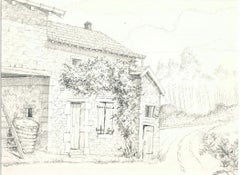 Vintage French Rural House -  Pencil Drawing by A. R. Brudieux - 1960s
